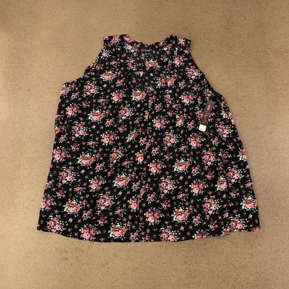 Poof Women's Plus Size 1X Black Pink Floral Print Sleeveless Keyhole Blouse NWT
